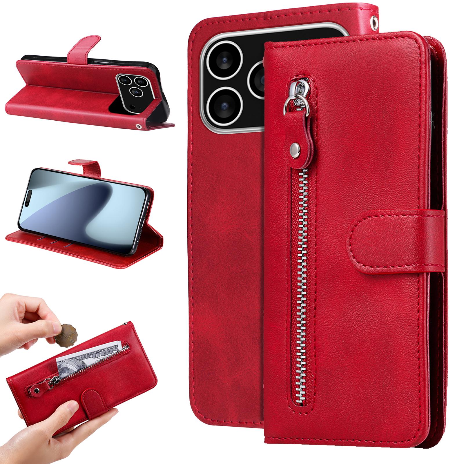 

For iPhone 17 Pro PU Leather Cases with Zipper Pocket Wallet Phone Cover Stand Brown