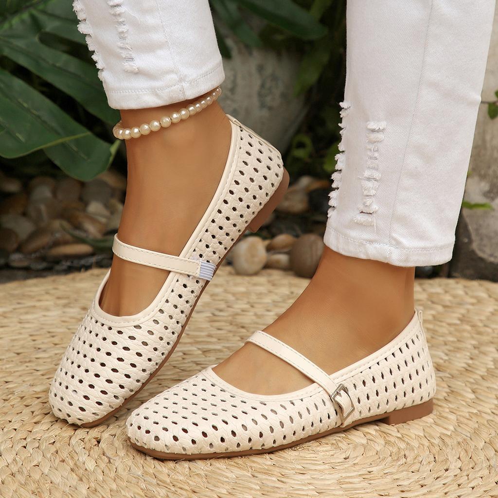 Women's Breathable Perforated Flat Shoes Adjustable Strap Lightweight Comfortable Casual Slip-On Footwear for Daily Wear