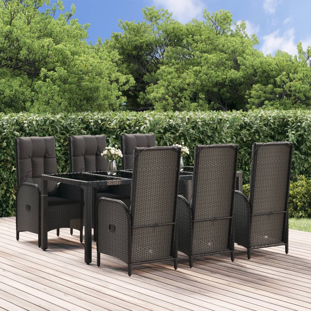 Vidaxl 7-Cz. Garden Furniture Set, Cushions, Black-Grey PE Rattan