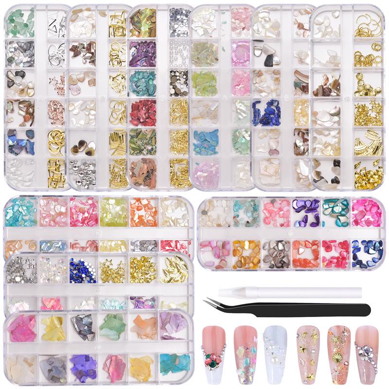 Ultra-Thin Abalone Nail Art Kit: 12-Grid Mixed Ornaments with Shells, Rivets, Pearls, and Rhinestones.