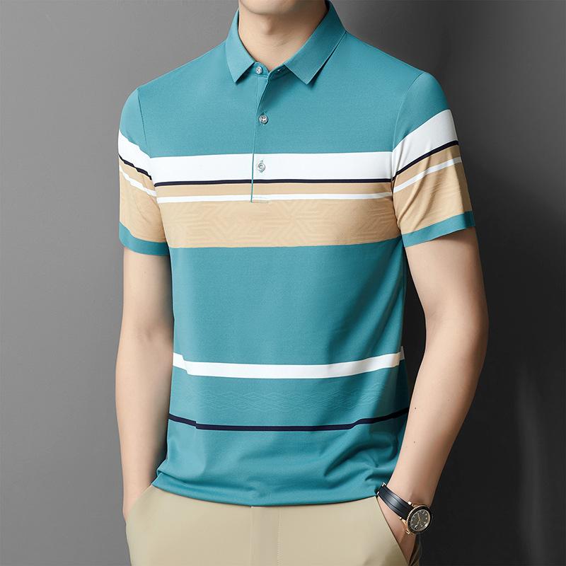 Papa Kurzarm Reine Baumwolle Kontrastfarbe Maschinenwaschbar Gestreift Lässig Herren T-Shirt Revers Locker Poloshirt