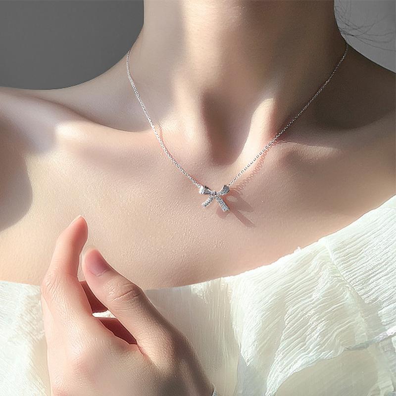 Trendy Fine Gold Color Bowknot Rhinestone Chain Pendant Necklace For Women Temperament Jewelry Shiny Crystal Wedding Gift