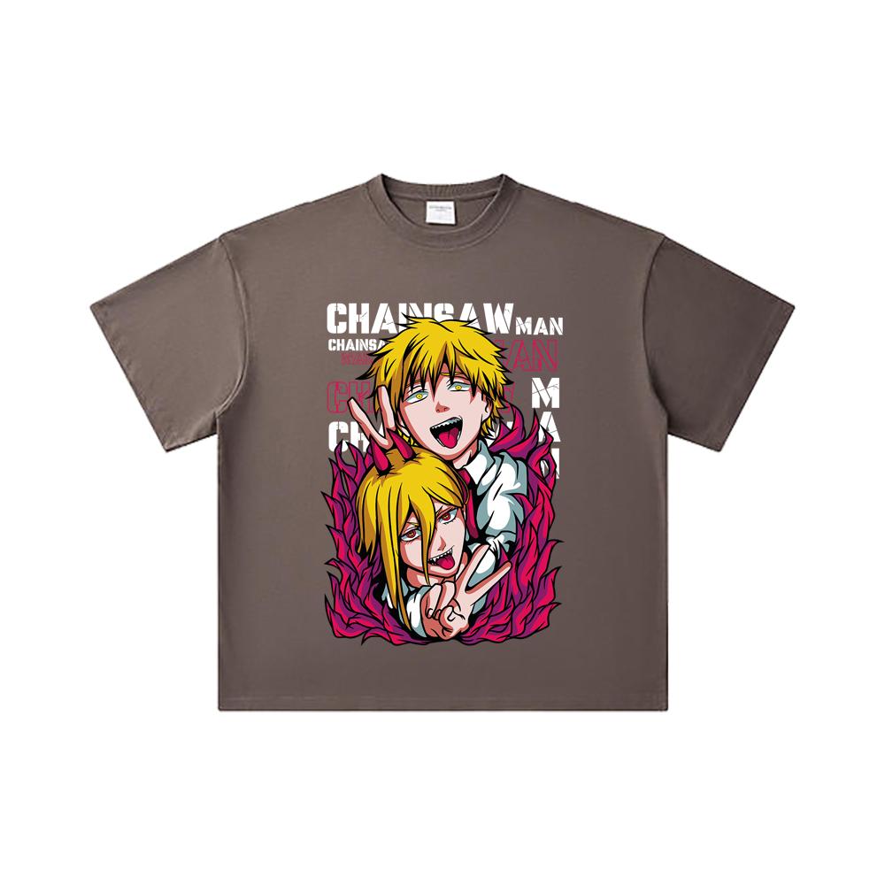 260 GSM Double Yarn 32 Count 100% Cotton Chainsaw Man V39 Denji Power Print Unisex Heavy Cotton T Shirt