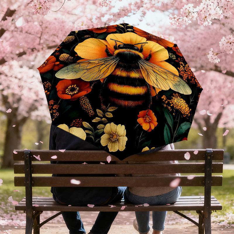 1pc Bee Flowers Automatic Folding Umbrella, Heavy Duty 8 Rib Iron Frame,  Suitable for Travel, Daily Use, Birthday, Decor Gift M0104067