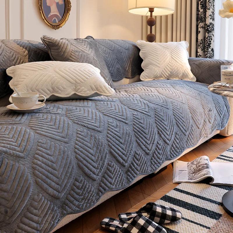 Asciugamano per Divano in Peluche con Foglie Jacquard Copridivano Universale Nordico Antiscivolo Copridivani Combinati Asciugamano per Divano per Decorazione Soggiorno