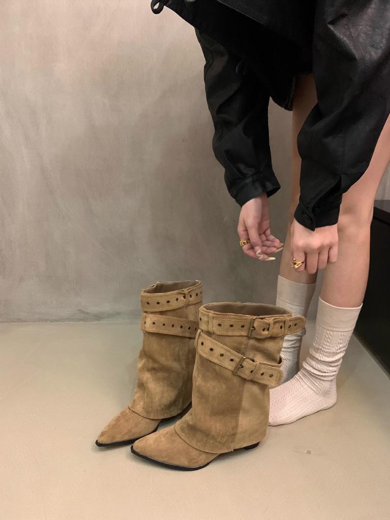Design boots western belt buckle autumn and winter new trousers American fashion boots female pointed niche babes cloth