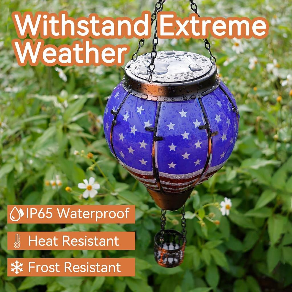 Hot Air Balloon Solar Lantern with Flickering Flame, Waterproof Outdoor Hanging Light for Garden Patio Yard Decor