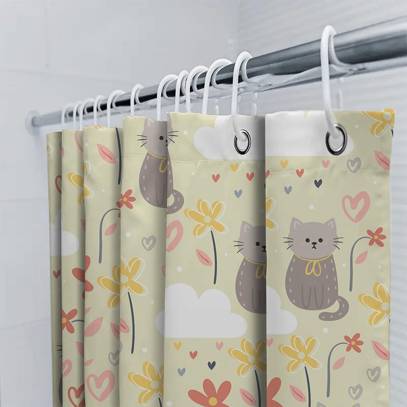 Cute Cats Flowers Shower Curtain Bathroom Decor For Home Decoration Waterproof Fabric With Hooks Set (White)