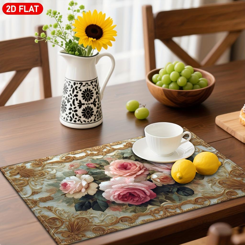 4pcs/6pcs Golden Floral Lace Placemats Suitable for Dining Table - Elegant Linen Table Mats with Scalloped Edges, Golden Vine & Rose Patterns, Hand Wa