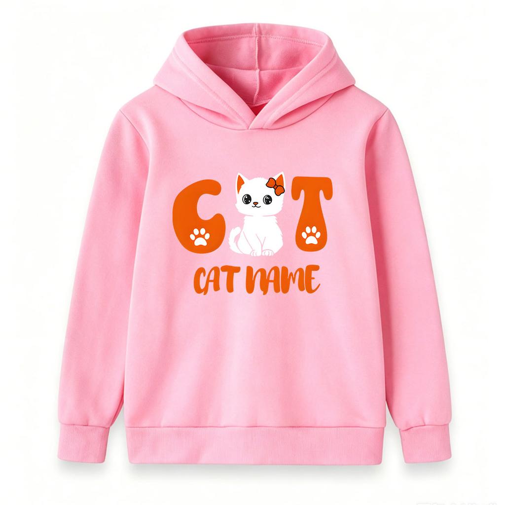 Custom Cute Cat Pattern Hoodie for Boys Girls, Personalized Cat Name Kids Pullover Hooded Sweatshirt, Casual Soft Long Sleeve Tops for Children Cat Lo
