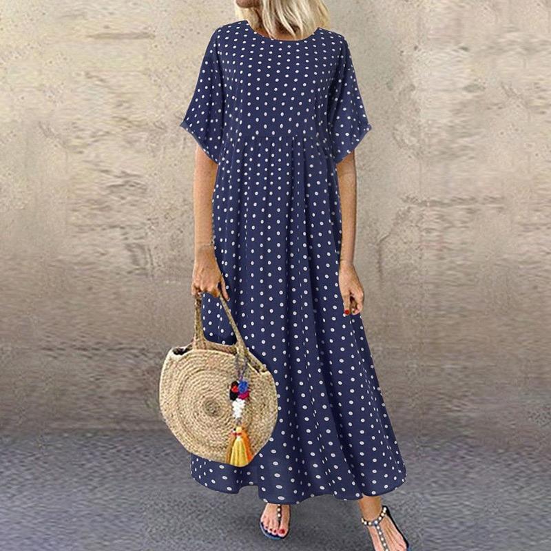 2025 Polka Dot Dress Summer New Round Neck Short Sleeved Large Swing Skirt Loose Slimming Long Skirt Women's Clothing