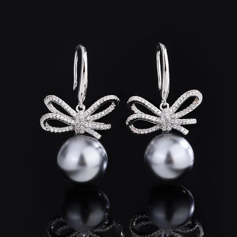 Jewelry Copper Bottom Gold-Plated Inlaid Gray Bead Bow Diamond-Set Female 14Mm