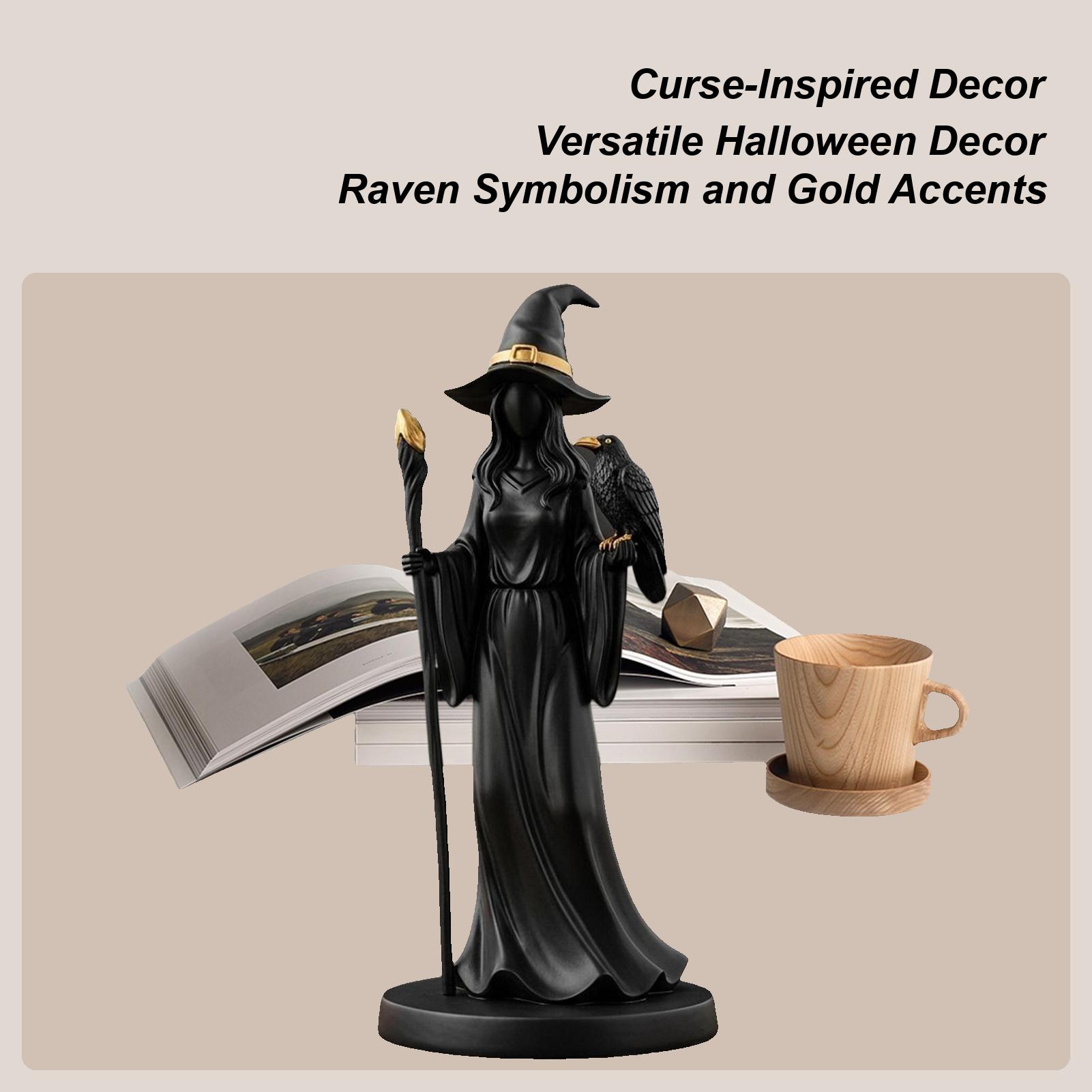 

Witch Statue Elegant Halloween Witch Decor with Raven and Staff Dark Fantasy Ornament Retro Magician Decor for Bookshelf Desk China Mainland