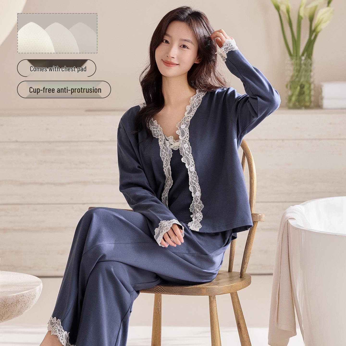 

100% Cotton Three-Piece Couples Set with Chest Pads - Soft, Comfortable, Long-Sleeved for Spring & Autumn at Home L
