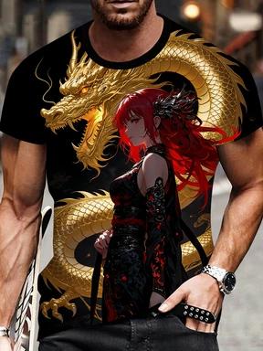 A 3D Printed T-shirt Featuring Anime Dragons and Women, Casual Round Neck and Short Sleeves for Men, Suitable for All Seasons, Regular Fit