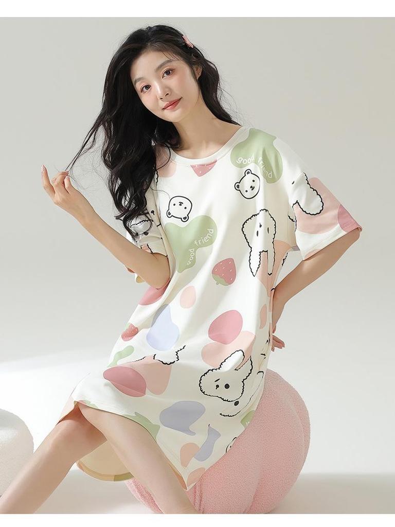 Women's Cartoon Cotton Nightgown with Bra Pads - Short Sleeve, 2024 Summer Style Pajamas