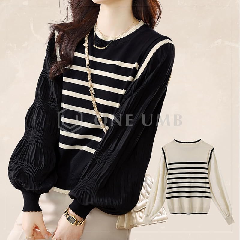 [one Anbu] Border Sweater Ladies Puff Sleeves Knit Puff Sleeve Knit Sheer Blouse Spring Black Docking Knit Puff Sleeves Transparency Black