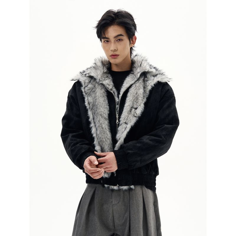 Kisko American-Style Trendy Brand Double-Layer Fur Collar Thickened Cotton Jacket for Men and Women, Winter Warm Cool Jacket for Couples