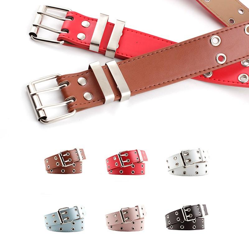 Women Trouser Belt Punk Cool Metal Buckle Adjustable Eyelet Leather Fashion Thin Waistband For Jeans Dress Hole Waist Goth Belt