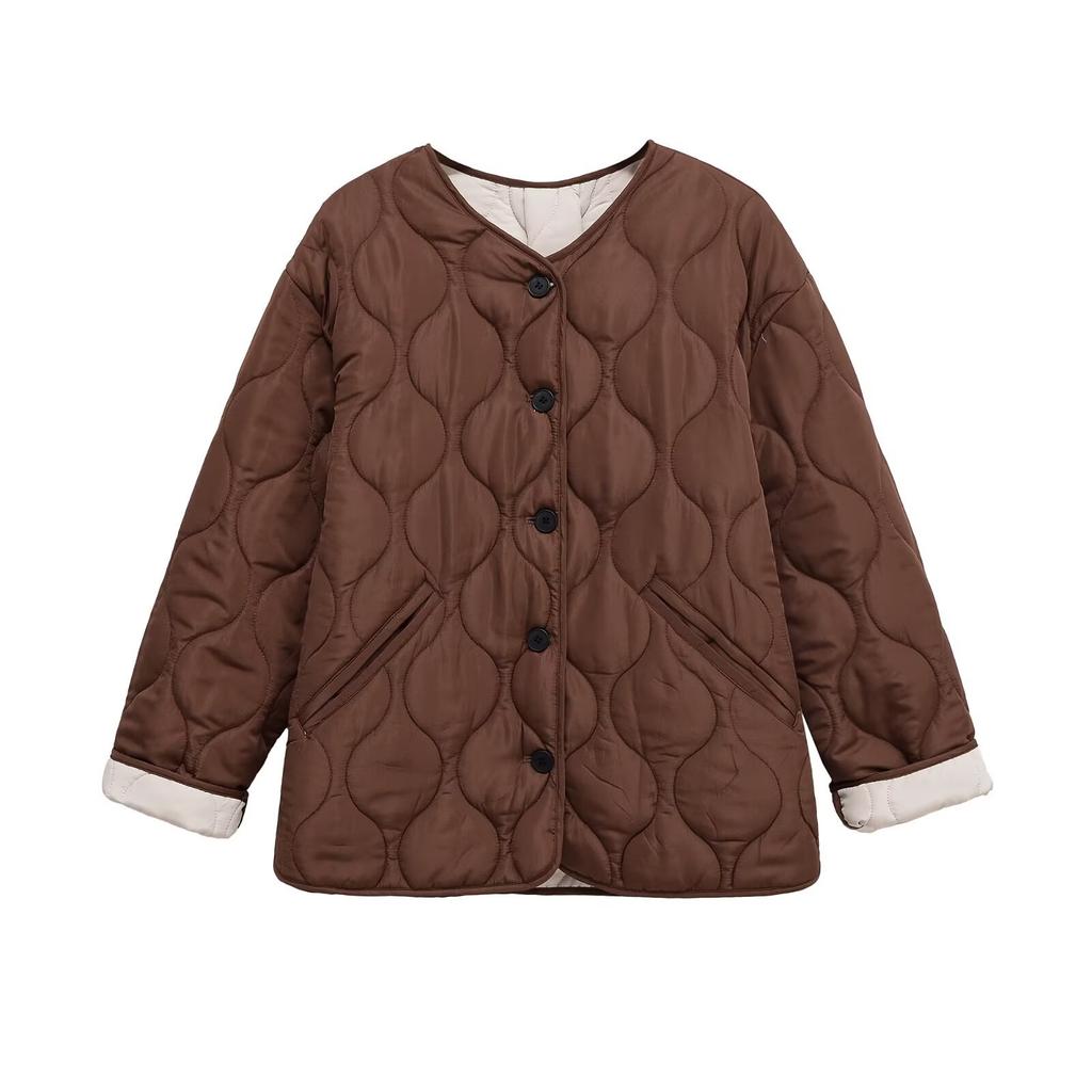 Women's Clothing Winter European and American Style Quilting Cotton Round Neck Long Sleeve Single-breasted Pocket Loose Cotton Jacket Thick