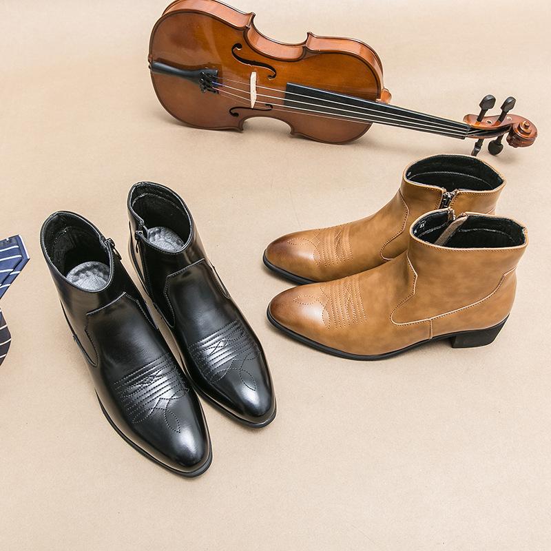 Pánské kožené ležérní boty s bočním zipem velké velikosti, kožené boty na vysokém podpatku, kožené boty vysoké kotníkové výšky, módní špičaté martensky v britském stylu