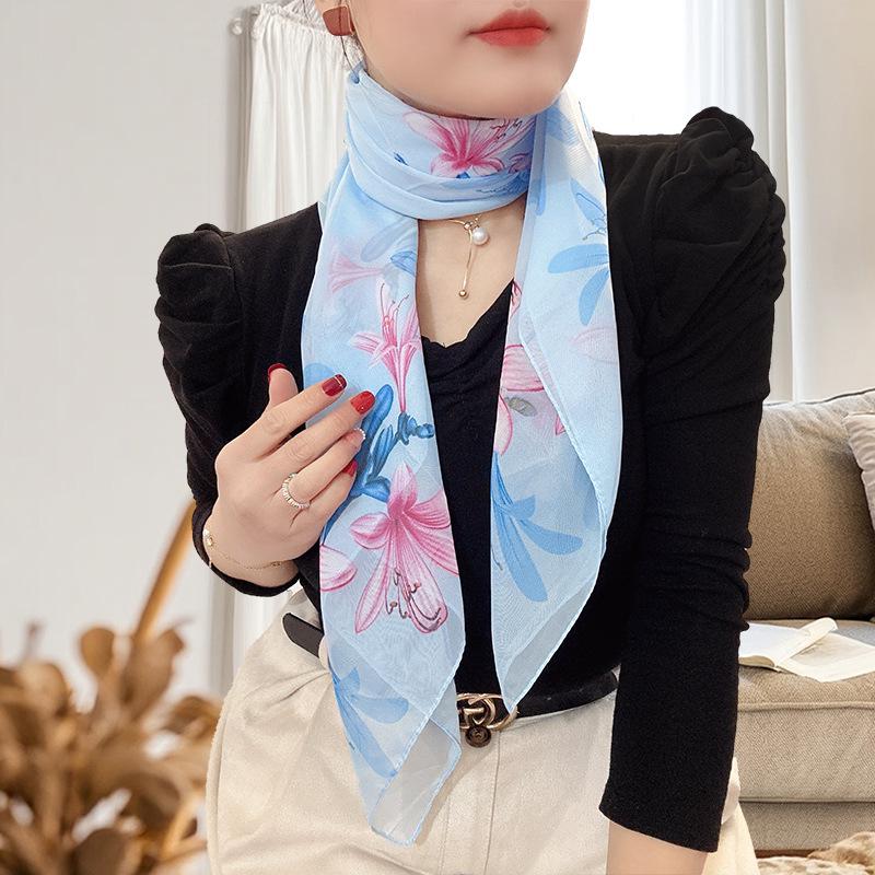 Large 95cm Square Korean Silk Chiffon Scarf for Women - Printed Neck or Head Scarf