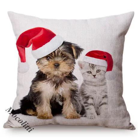 Christmas Sofa Decoration Cushion Cover Cute Pet Dog Animal Wear Red Christmas Hat Lovely Cat Print Throw Pillow Case Cojines