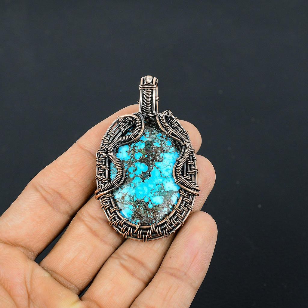 Tibetan Turquoise Pendant, 999 Copper Wire Wrapped Gemstone Jewelry, Handmade Pendant, For Thanksgiving