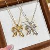 Women S Bow Titanium Steel Zircon Pendant Clavicle Necklace