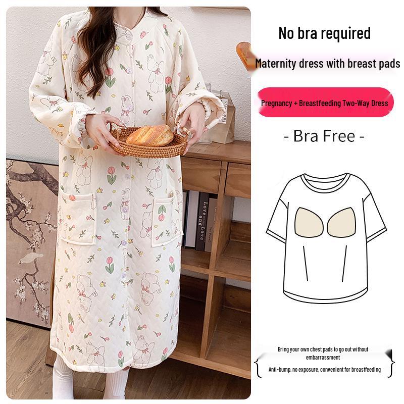 Umstandspajamakleid aus Luftbaumwolle für Herbst/Winter - Übergröße für pränatale, Krankenhaus- und postpartale/Stillzeit-Nutzung