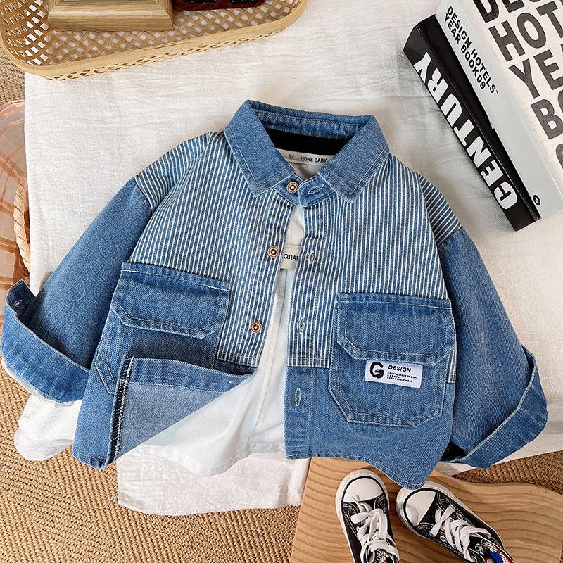 Children's Spring Lapel Striped Denim Shirt Middle Child Patchwork Cool Jacket