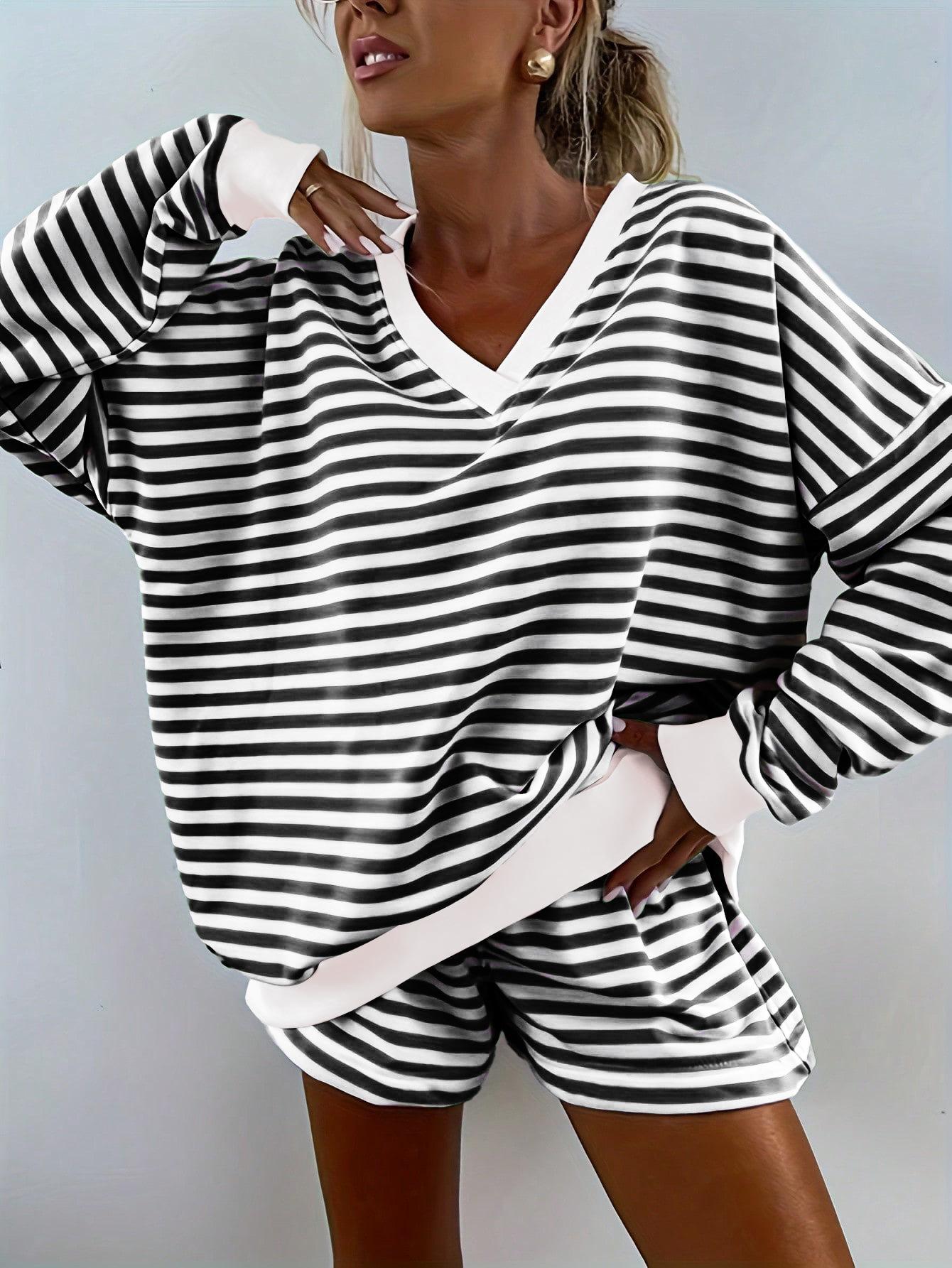 

Женский повседневный полосатый комплект с V-образным вырезом и шортами, варианты цветов: зеленый, белый, серый, оранжевый, синий XL