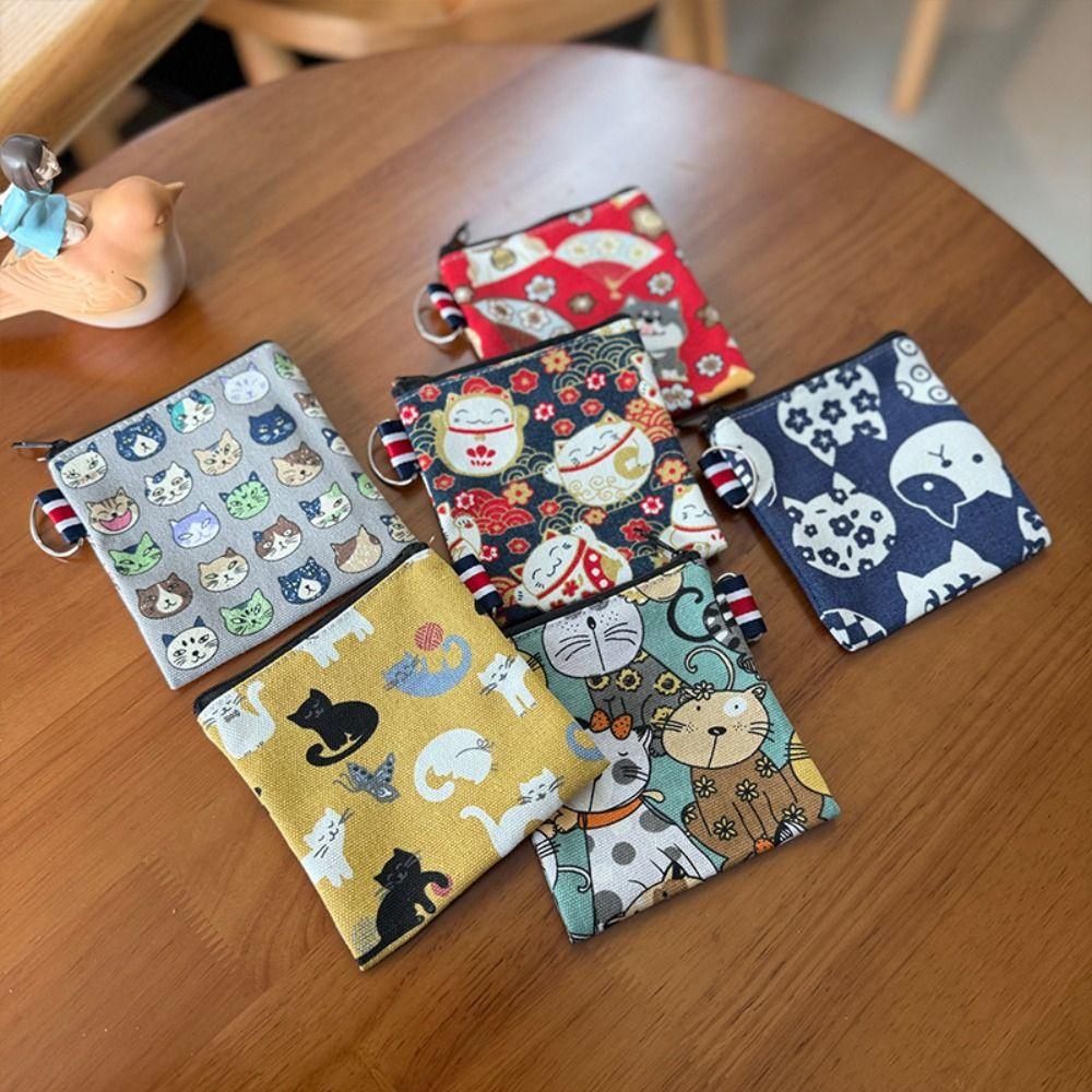 Cartoon Canvas Coin Purse Mini Zipper Wallet Cat Prints Money Pocket Women Girls