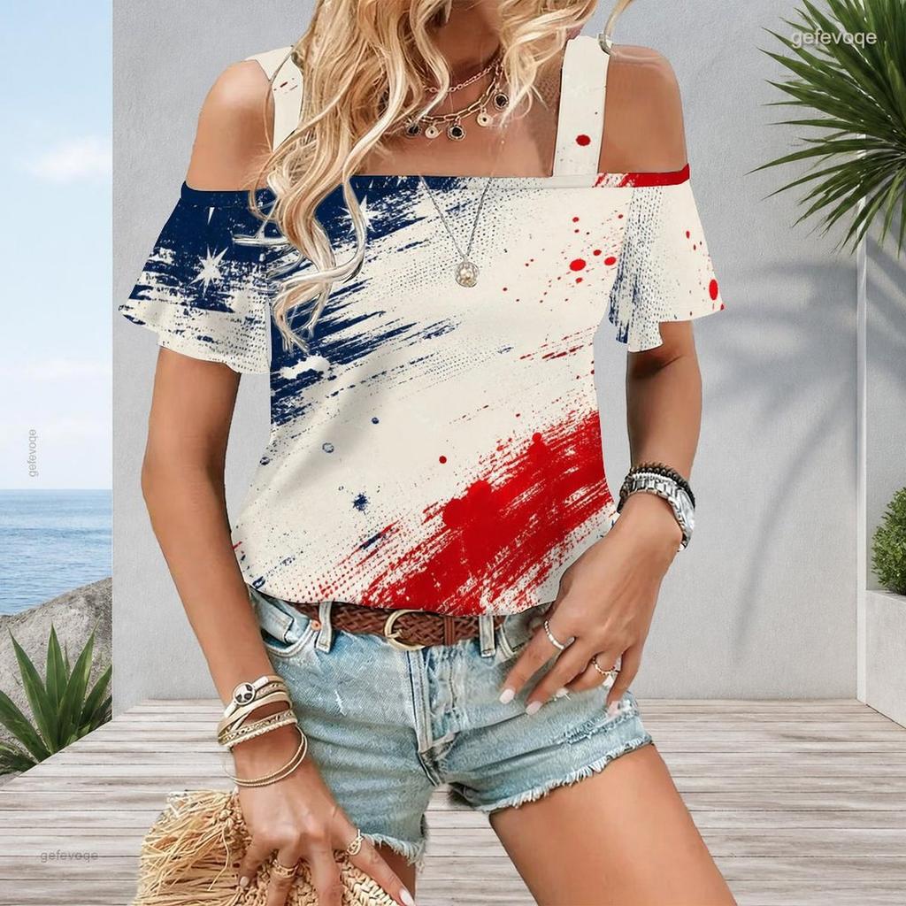 Plus Size Women Cold Shoulder Flutter Sleeve T Shirt Vintage Usa Star Stripe Brush Print Short Sleeve Top