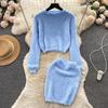 Herbst Frauen Süße Mohair Stricken Pullover Anzug O Hals Langarm Pullover Tops + Hohe Taille Bodycon Bleistift Rock Dame solide Zweiteilige Set