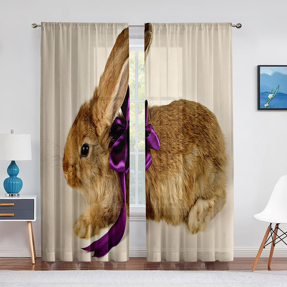 Прозрачные шторы с милыми котами и кроликами и маленькими животными для гостиной — фото 4