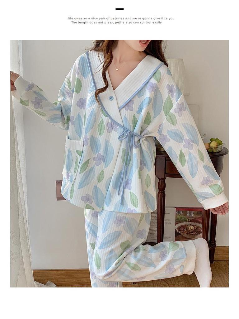 Plus Size Maternity Kimono Pajamas - Autumn/Winter Cotton for Postpartum & Breastfeeding