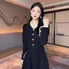 Women's Large Hepburn-Style Black Corduroy Dress: 2024 Autumn/Winter, Waist-Slimming Mid-Length