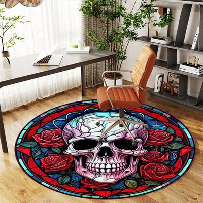 Buntglas Totenkopf mit Rosen Wandkunst DekorRunde rutschfeste Stuhlmatte Stuhlteppich für Büro Teppiche für Bürodekor Geschenk für Valentinstag Muttertag