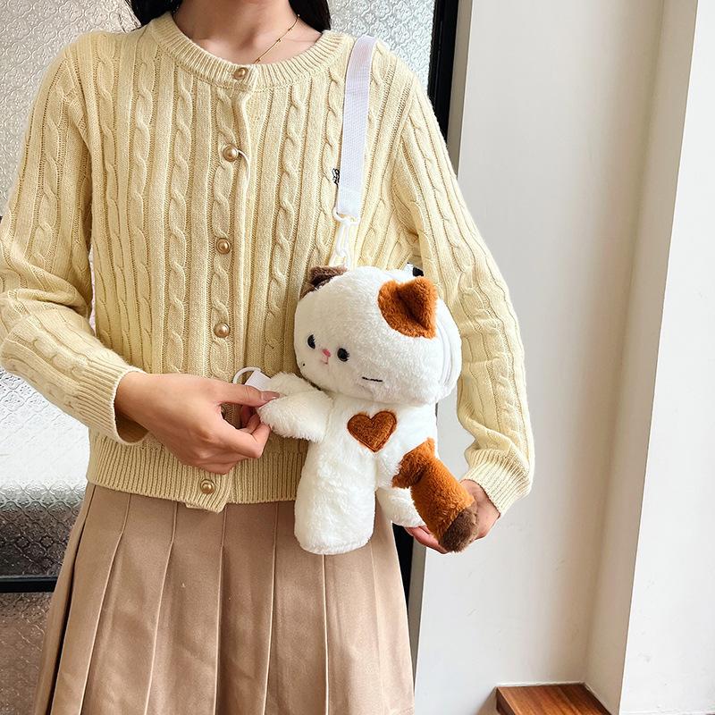 New Plush Children's Shoulder Messenger Bag Cartoon Cute Kitten Lying Doll Bag Going Out Versatile Accessories Bag