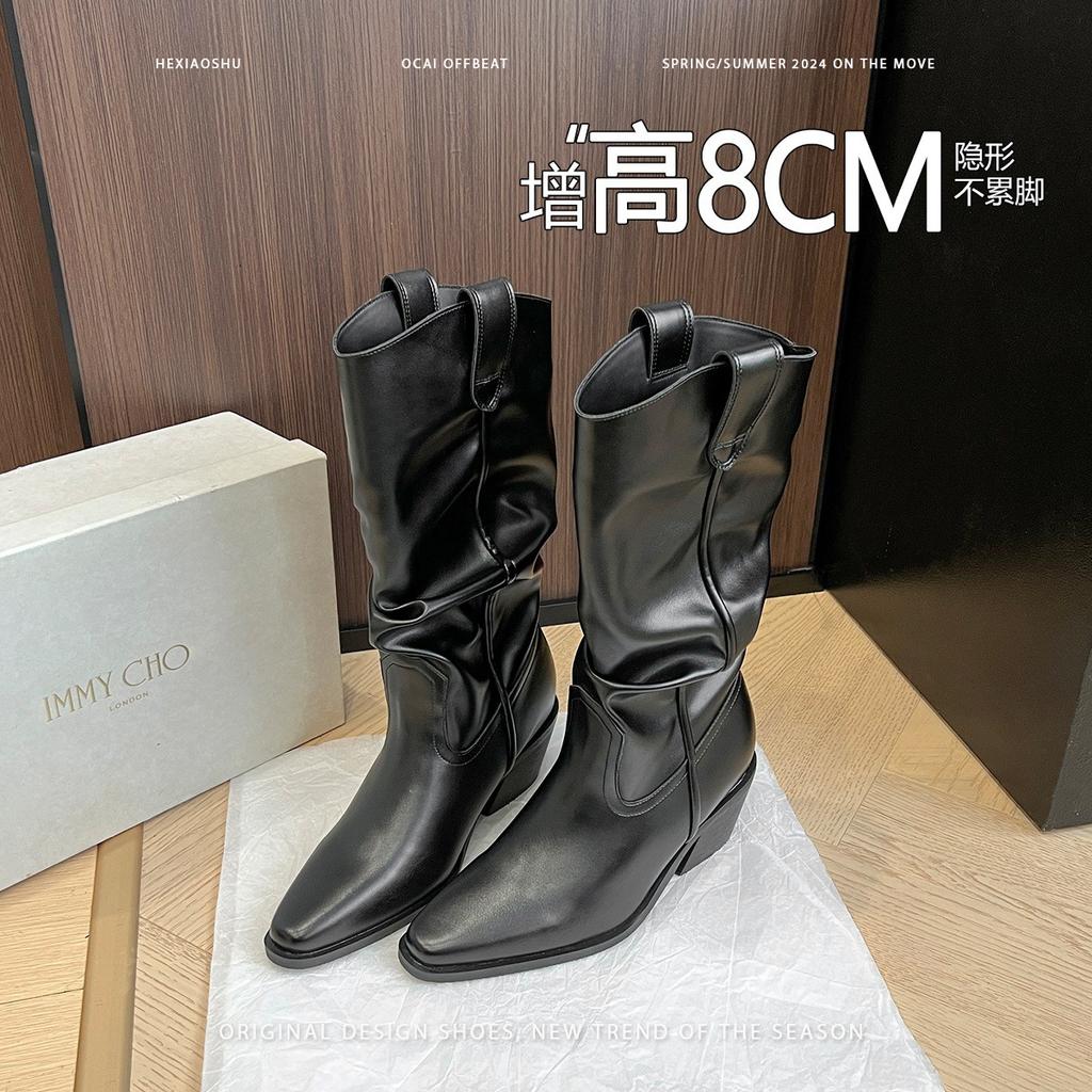 Cowhide version~ Zhao Ruth's same pointed thick heel piled boots women's medium tube thin knight boots western boots Martin boots