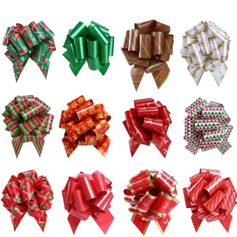 New 24/12PCS Christmas Pull String Bows Big 5 Inch Gift Bows Ribbon for Xmas Present Wrapping Florist Flower Basket Decoration