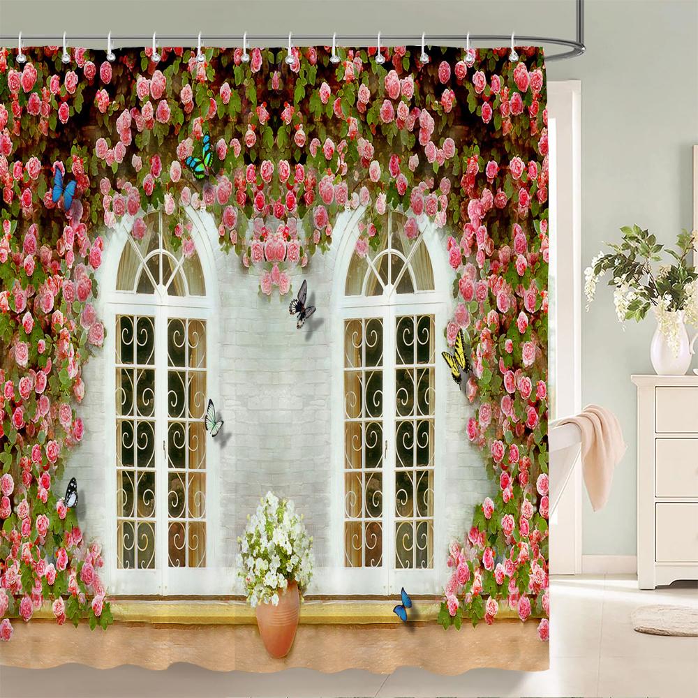 Flower Scenery In Rural Towns Printed Shower Curtain 3D Street Window Flower Landscape Printed Home Decoration Bathroom Curtain