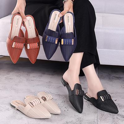 Mules à Bout Pointu pour Femmes 2024 Pantoufles pour Femmes Mode Féminine Décoration Métallique Talons Bas Décontractés pour Dames Chaussures d'Extérieur Féminines 359
