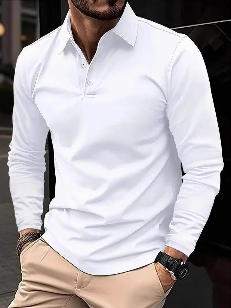 2025 European & American Spring/Fall Solid Color Men's Long-Sleeve Lapel Polo Shirt