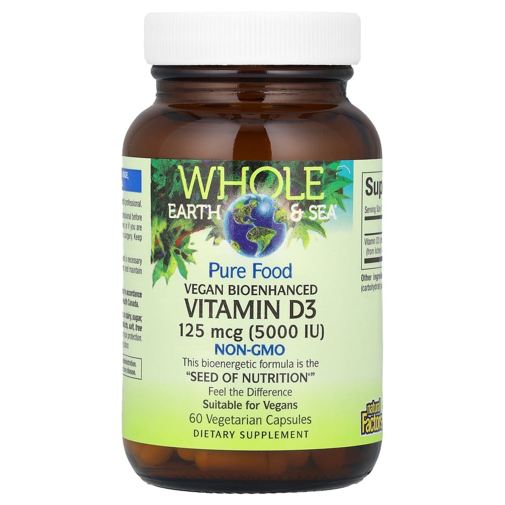 Natural Factors Whole Earth & Sea Bioenhanced Vegan Vitamin D3 5000 IU, 60 Veggie Capsules