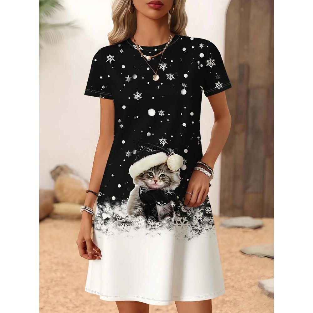 

Жіноча Довга Сукня Милий Принт Кошеня Сніжинка Жіноча Сукня З Коротким Рукавом Святкова Літня Повсякденна Вільна Оверсайз Сукня 8XL чорний