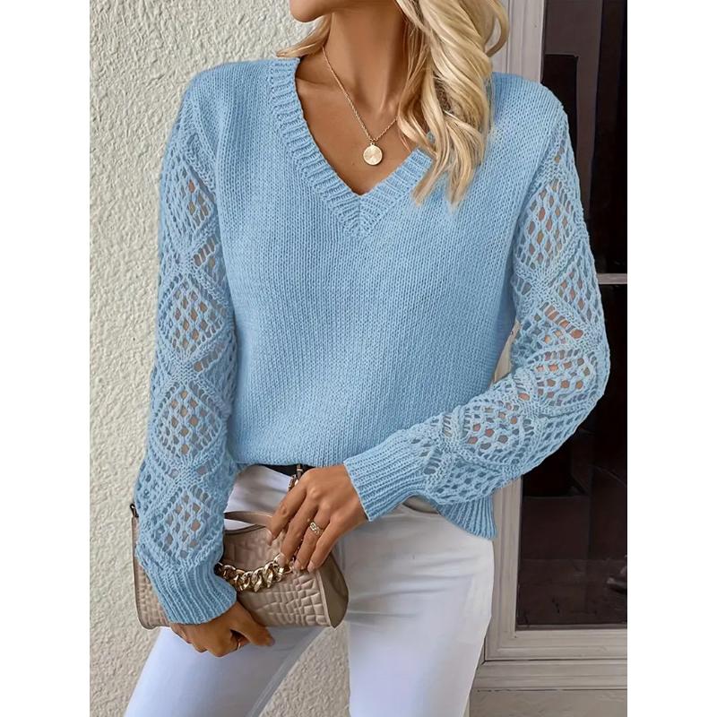 V-Ausschnitt Lochmuster Damen Strickpullover Einfarbig Langärmelige Pullover Neu Gemütlich Koreanischer Stil Damen Bequeme Kleidung