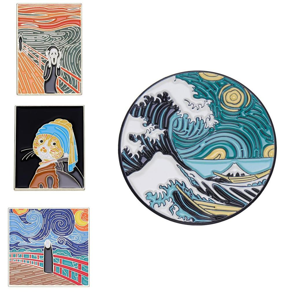 Creative Retro Oil Painting Cat Waves Brooch Charming Alloy Pin For Men And Women