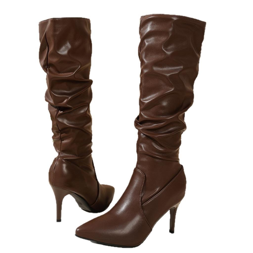 European and American Pointed Stiletto Knee-length Fashion Boots Women's One-pedal Boots Pleated Pile Leather Boots Foreign Trade